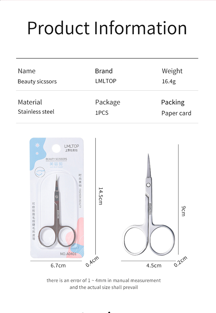 LMLTOP Professional Multi-purpose Eyebrow Accessories Eyelashes Nose Hair Pointed Stainless Steel Eyebrow Scissors A0401