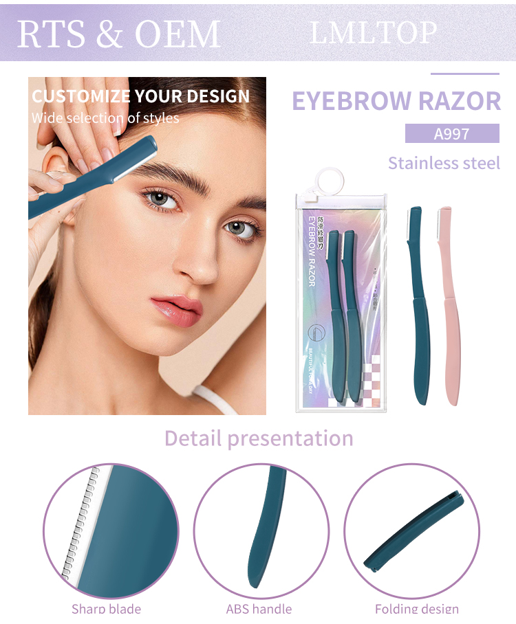 High Quality Eyebrow Razor OEM Eco-friendly Facial Dermaplaning Tool fine mesh net blade 2pcs Folding Eye Brow Trimmer A997