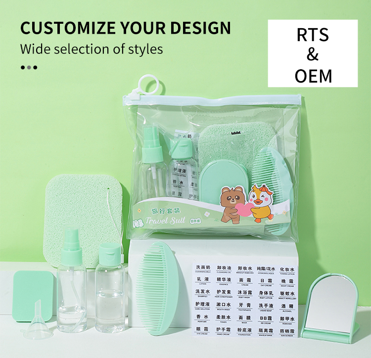 LMLTOP 8pcs Cosmetic Tool PET Plastic Travel Bottle Set Mist Spray Bottle Storage Box and Comb Mirror Empty Bottles SY766