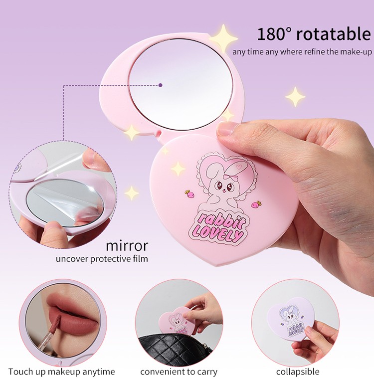 Custom Logo Heart shaped Mini Handheld Small Pocket Makeup Dual Side Mirror Rotating Pocket Cosmetic Mirror With comb SY772