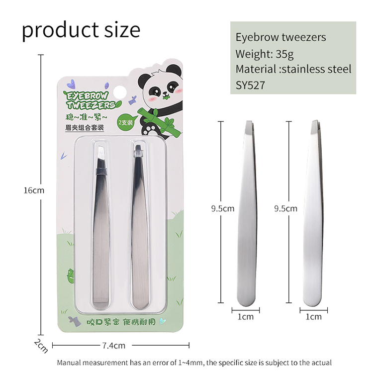 High quality 2pcs Stainless Steel Slanted Eyebrow Tweezers Set for Personal Care Beauty Eyelash Extension With Bamboo packaging