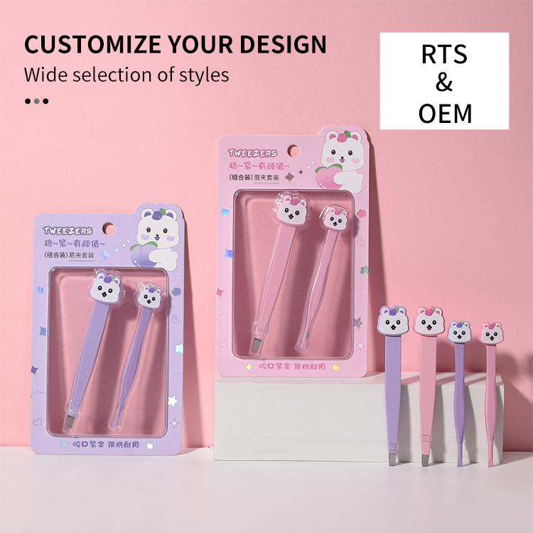 LMLTOP Customized logo Cute cartoon Diagonal eyebrow pliers Stainless Steel Pink Slanted And Flat Eyebrow Tweezers SY571