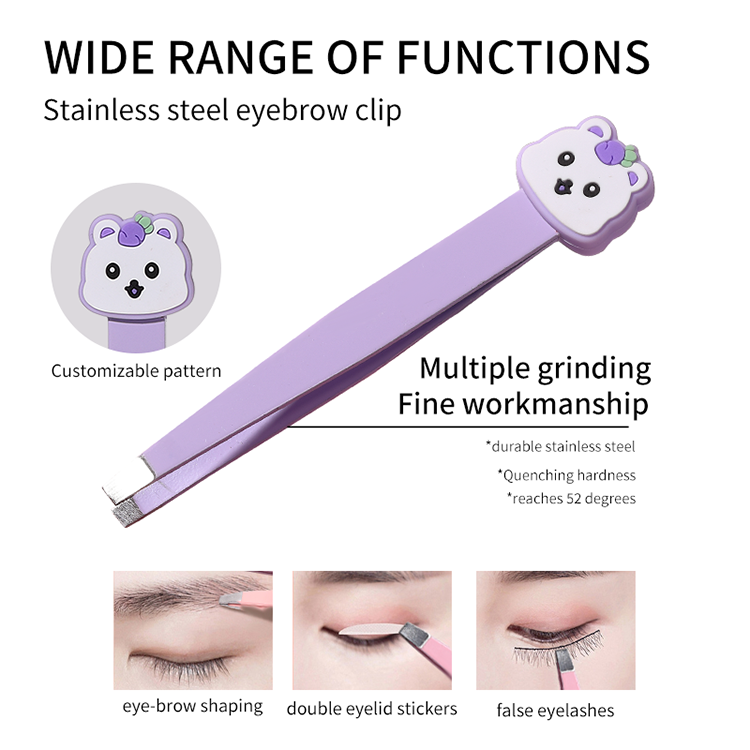 LMLTOP Customized logo Cute cartoon Diagonal eyebrow pliers Stainless Steel Pink Slanted And Flat Eyebrow Tweezers SY571