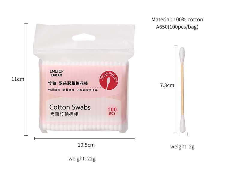 LMLTOP Wholesale Health Care Cleaning Tool Cosmetic Beauty Cotton Bud Double Head 100pcs Bag Bamboo Stick Cotton Swabs A650