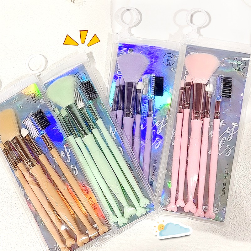 Wholesale Colorful Heart Shape Makeup Brush Set 5pcs Private Label Cosmetic Tool Nylon Hair Makeup Brush Eyes Face Brush SY613