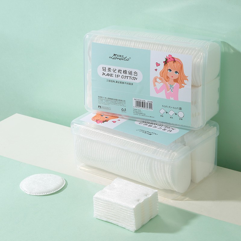 Wholesale Makeup Remover Pads 2 IN 1 Non-Woven Private Label Square and Round Cosmetic 100 pieces Facial washing Cotton Pads