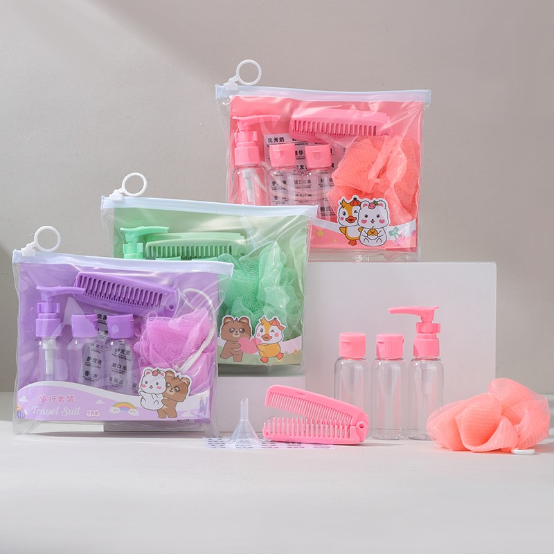 Factory 7pcs/bag PET Plastic Empty Bottle Cosmetic Spray Bottle Cream Jars & bath ball & hair comb Travel Bottle Set SY767